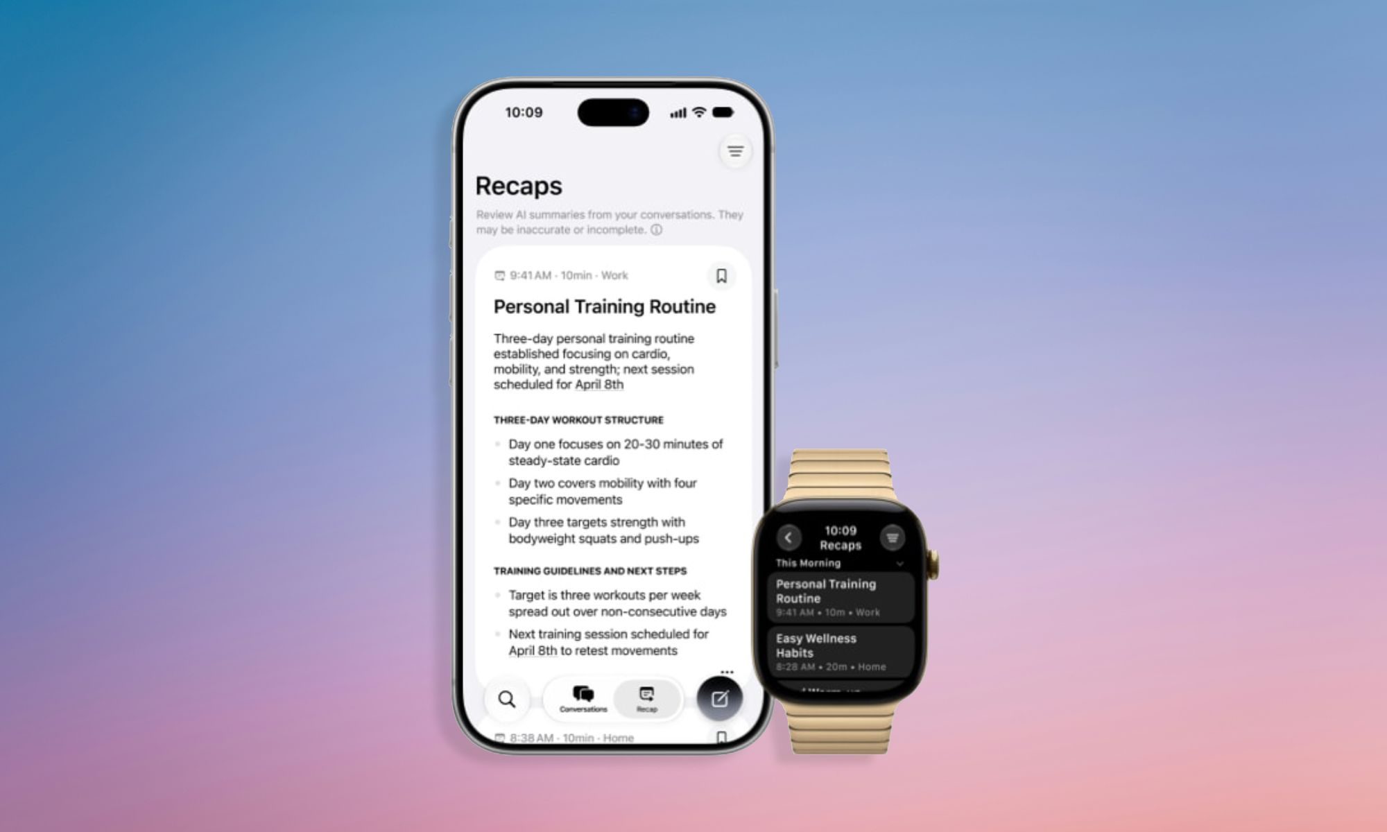 iPhone and Apple Watch showing Siri Recap on gradient background