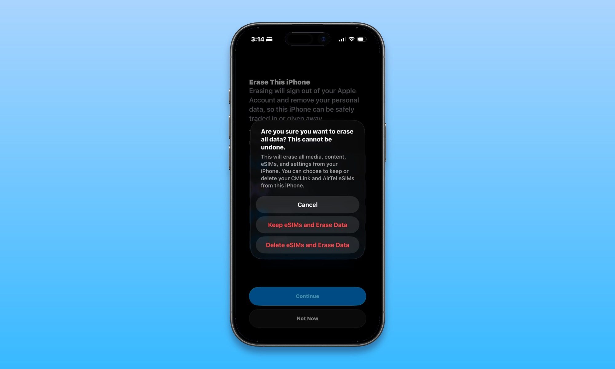 iPhone mockup showing Erase This iPhone screen with eSIM prompt