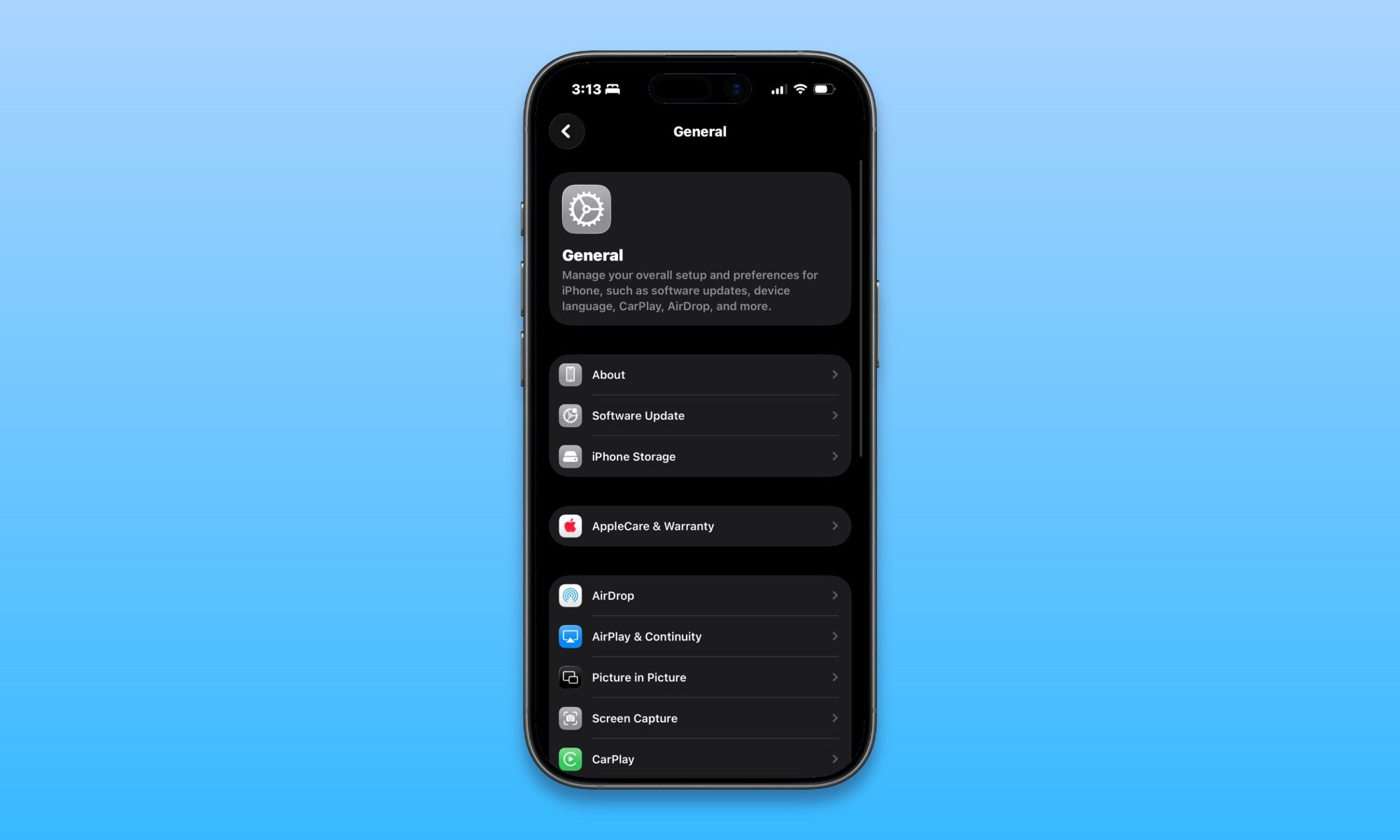 iPhone mockup showing General menu in Settings app