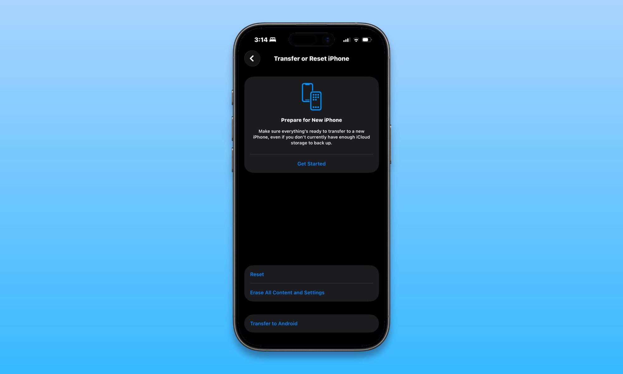 iPhone mockup showing Transfer or Reset iPhone menu in Settings