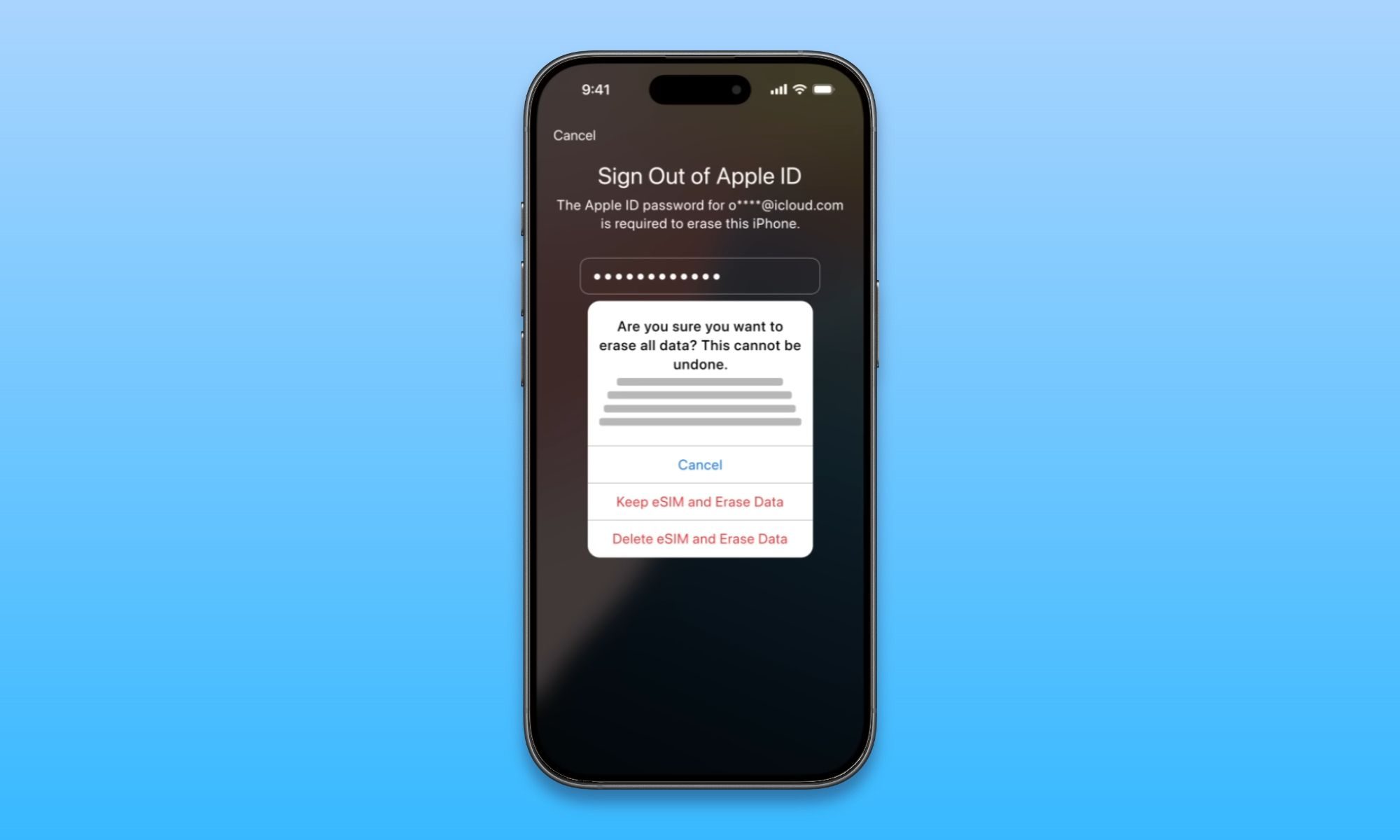 iPhone mockup showing eSIM prompt on Apple ID sign in screen