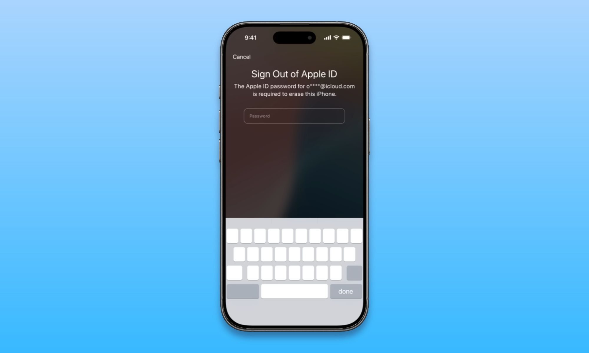 iPhone mockup showing sign out of Apple ID screen