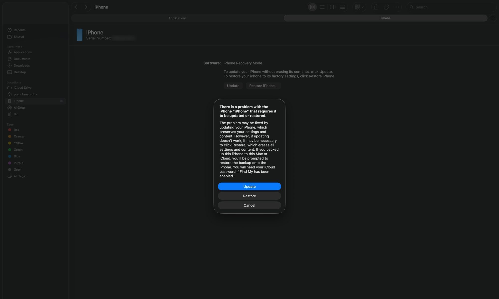 iPhone recovery mode screenshot from Finder on Mac