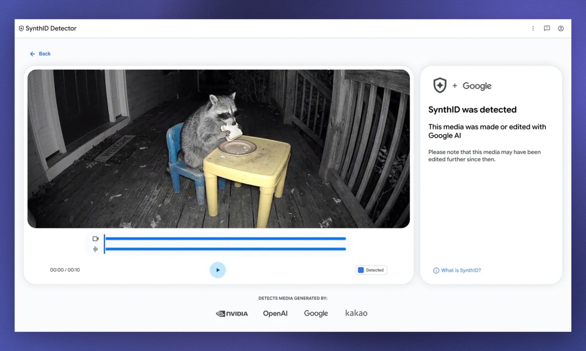 Google SynthID detecting an AI generated image of a racoon sitting on a chair and eating a sandwitch