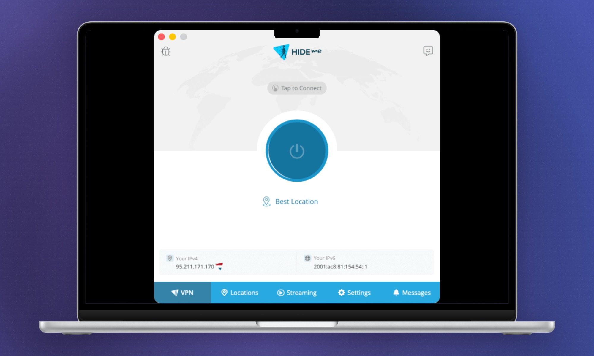 Hide.me VPN user interface on MacOS