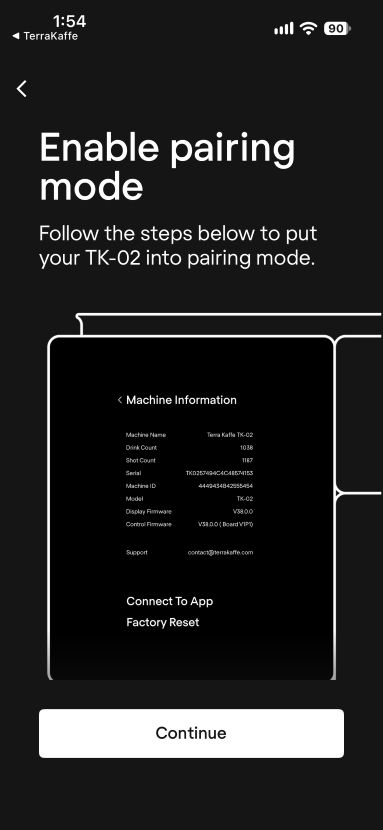 App interface of Terra Kaffe TK-02 coffee maker.