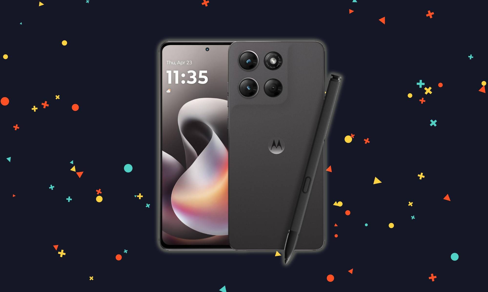 Moto G Stylus 2026 on confetti background