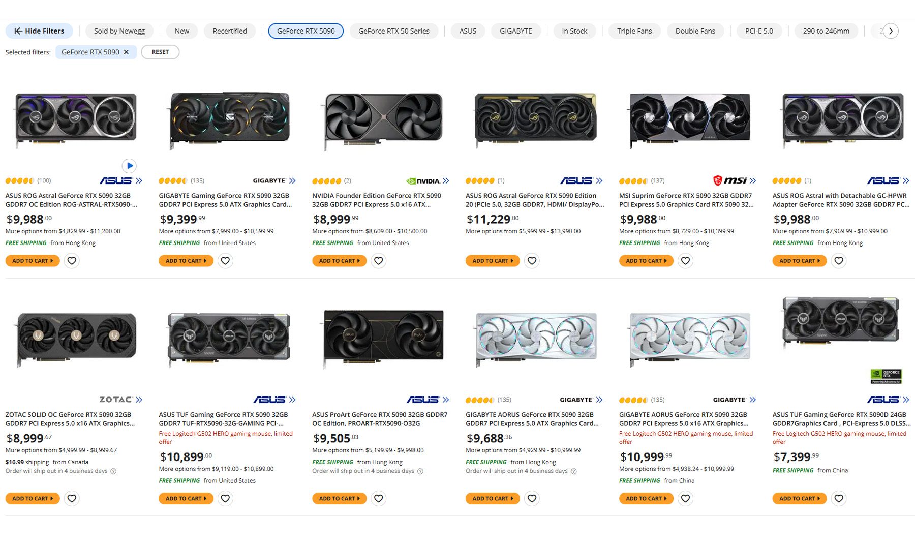 NVIDIA GeForce RTX 5090 Prices on Newegg