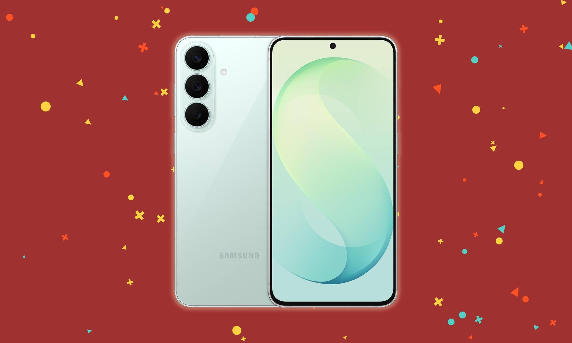 Samsung Galaxy S26 FE on confetti background