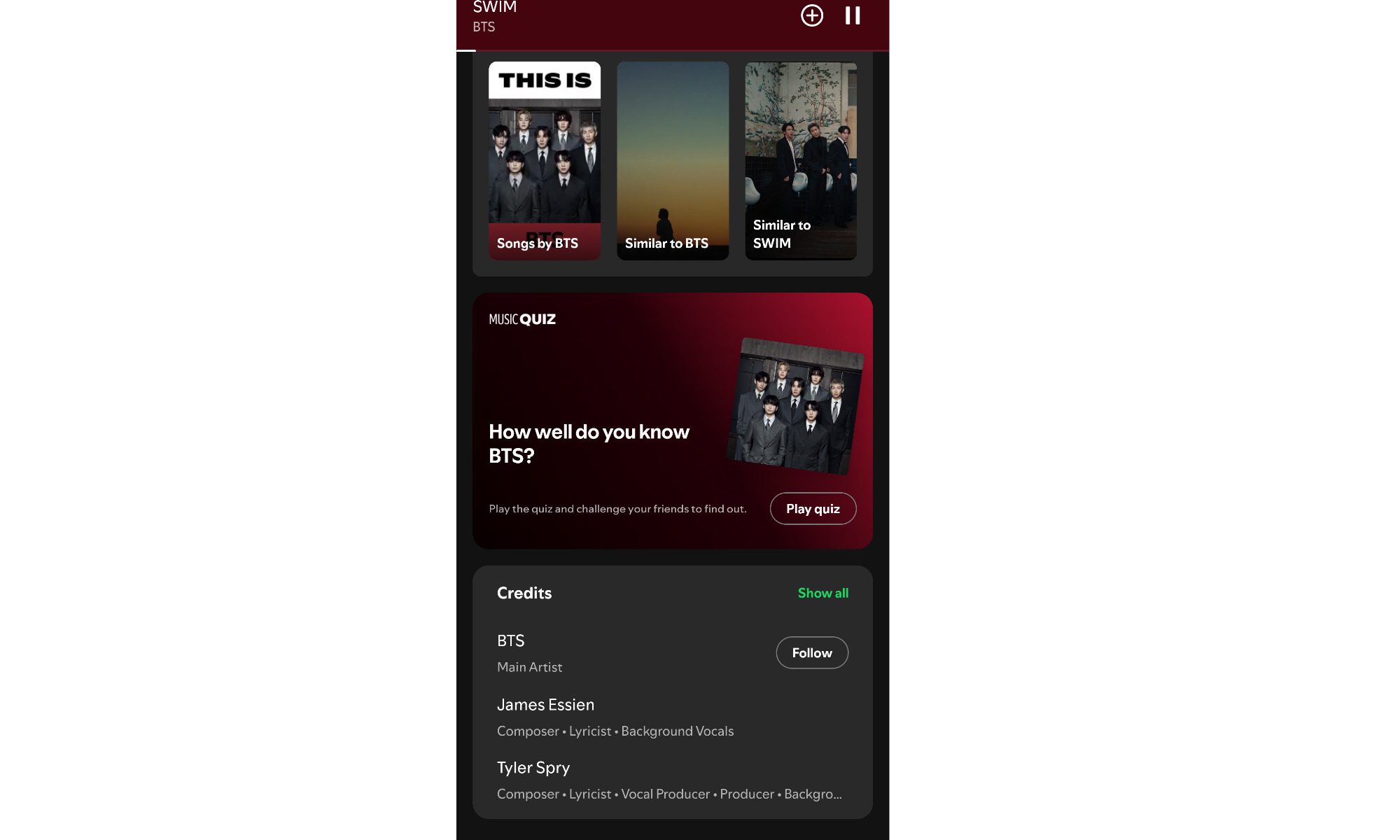 Spotify BTS Music Quiz in app