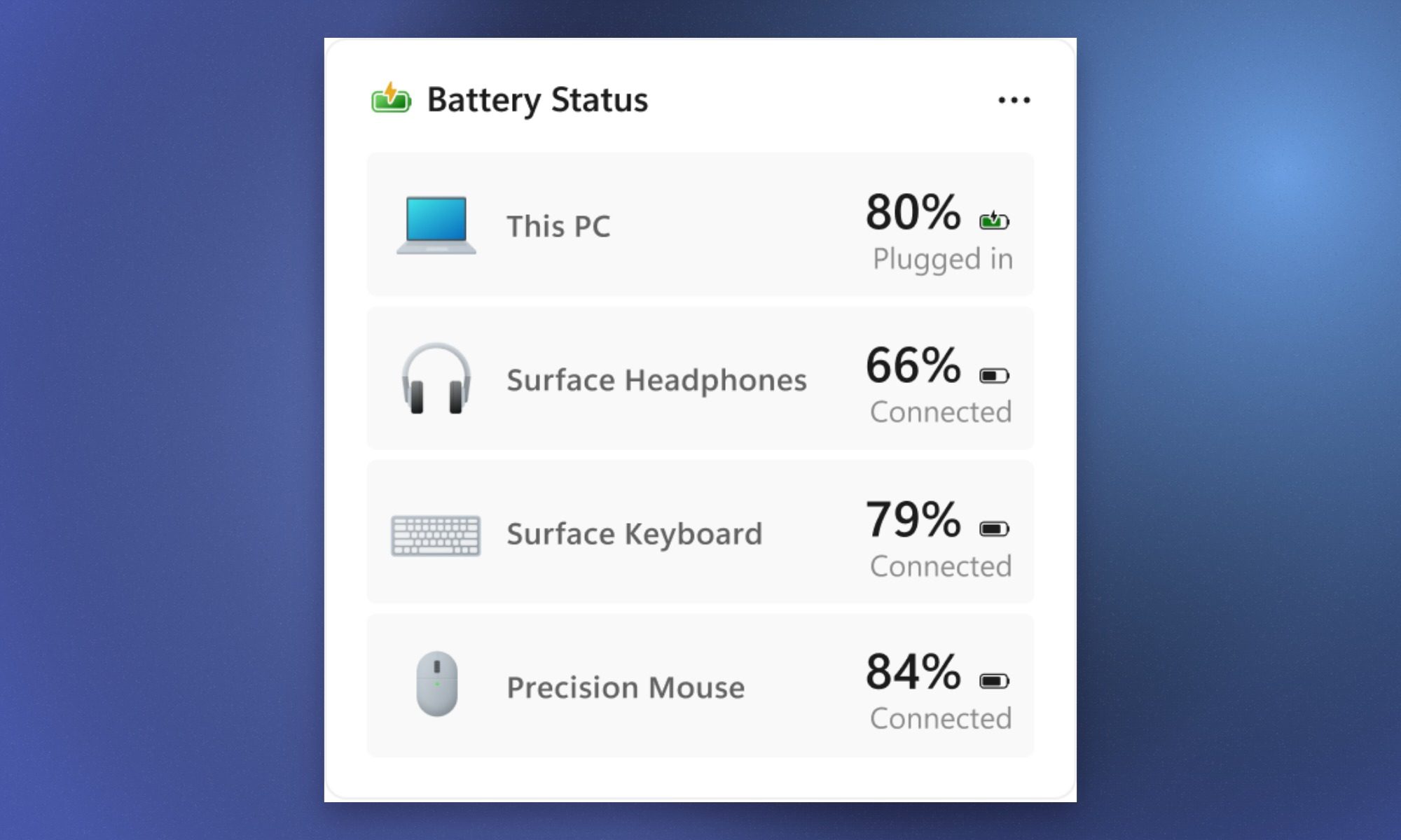 Windows 11 Battery Status widget showing battery levels of connected accessories