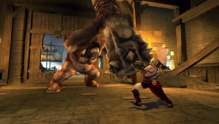 Kratos catching a spiked pillar.