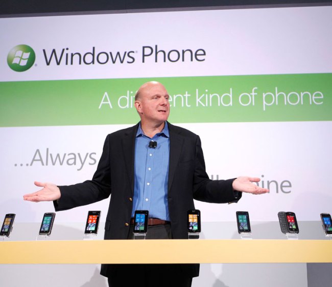 Steve Ballmer showing off the Windows Phone 7 lineup