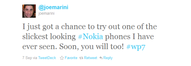 Joe marini tweet about nokia wp7 phone