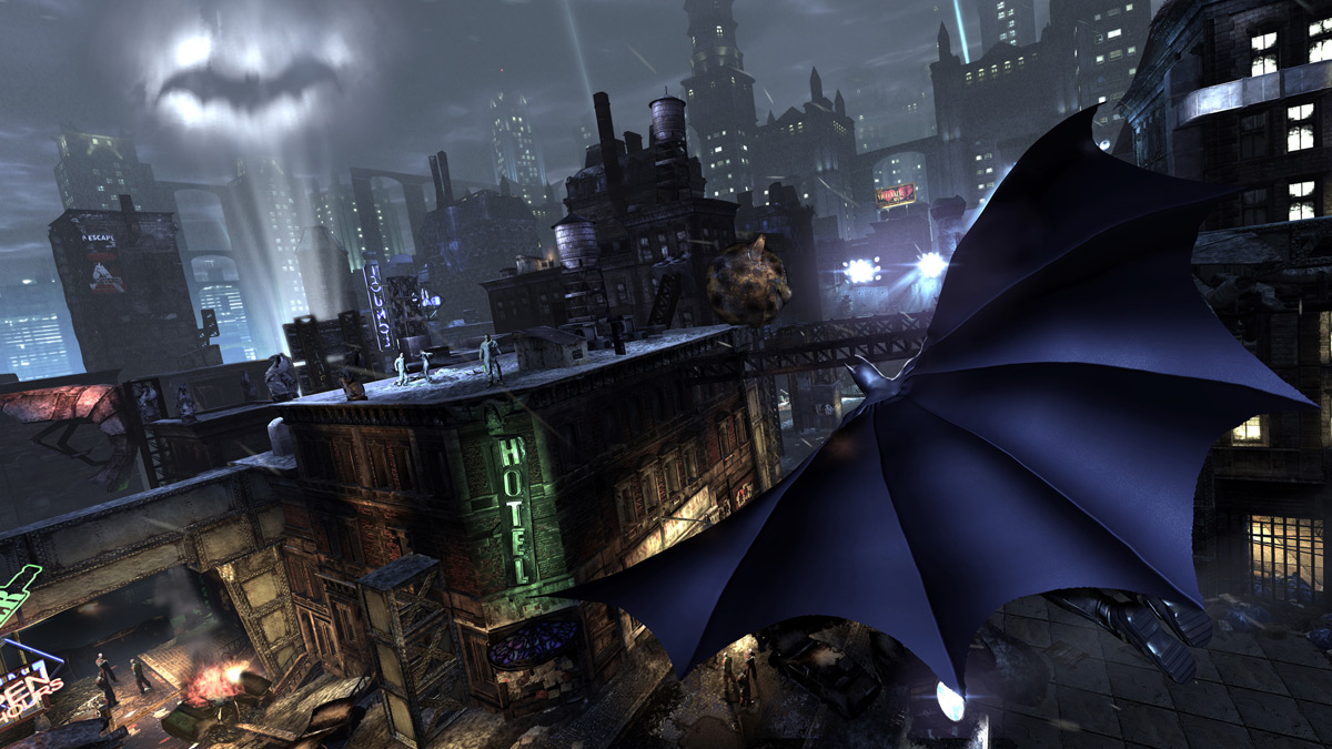 BAtman Arkham City over the city