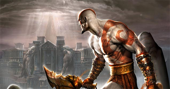 Kratos holding his blades looking over his shoulder.