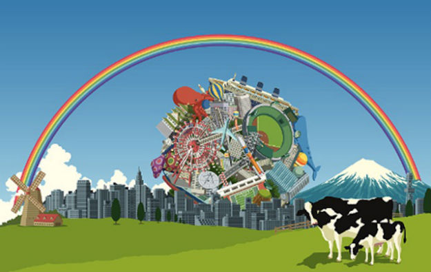 A pair of cows are in the foreground while a giant katamari stands in a town in Katamari Damacy.