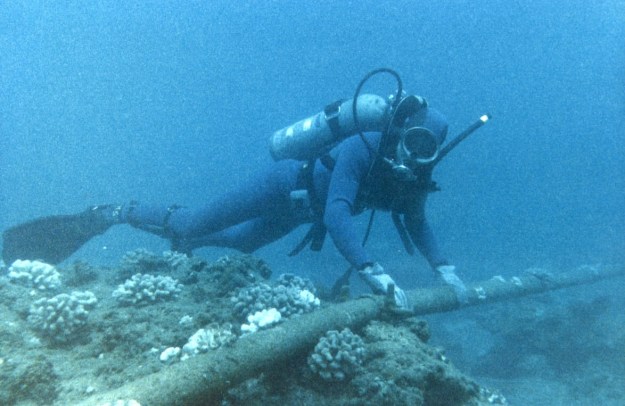 Diver checking underwater cable