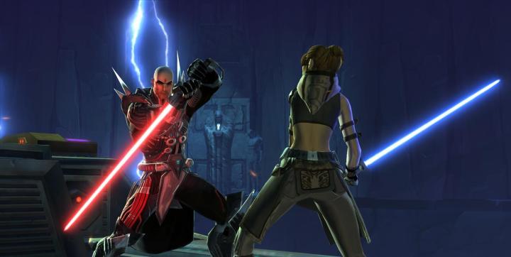 A Jedi and Sith facing off with lightsabers.