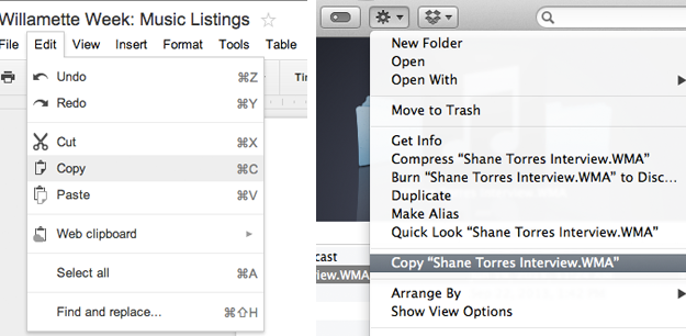 Various copy menu bar options on MacOS.