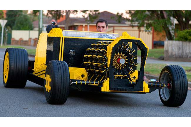 life size lego car hits the road with engine powered by air