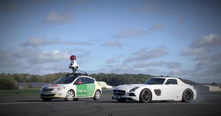 top gears stig versus google street view car video experiment patience tire smoke around