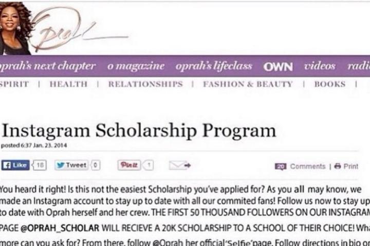 instagram hoax oprah giving scholarships based scam