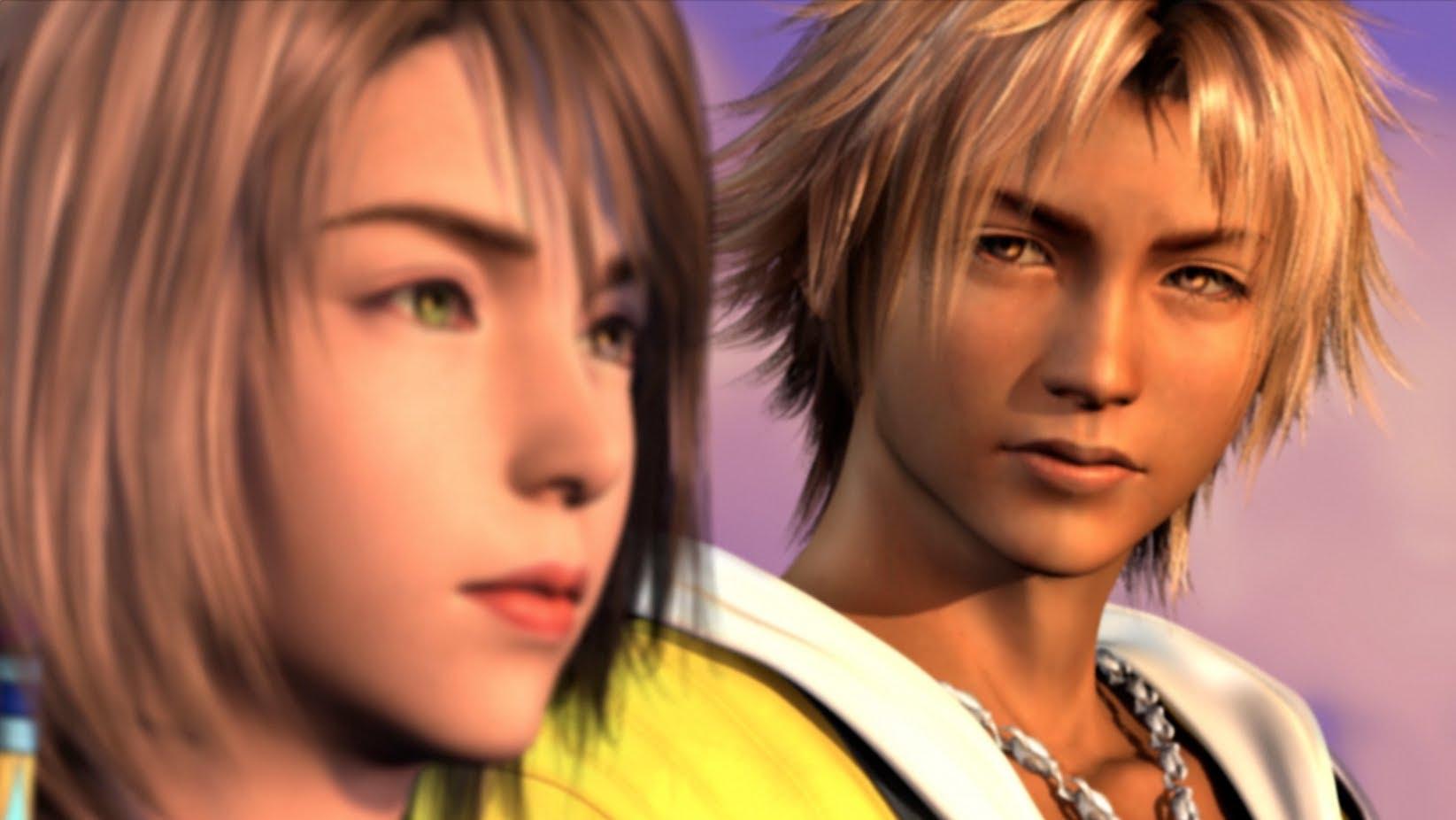 Yuna standing beside Tidus in the sunset.