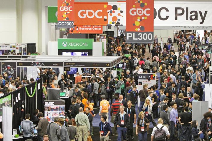 GDC banners hang from the ceiling during an in-person GDC.