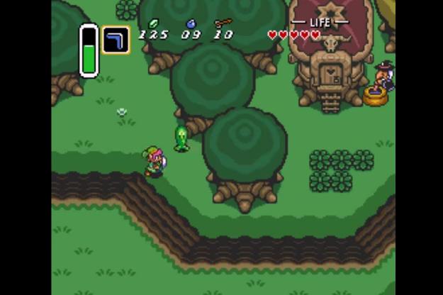 Link camina a través de los árboles en A Link to the Past.