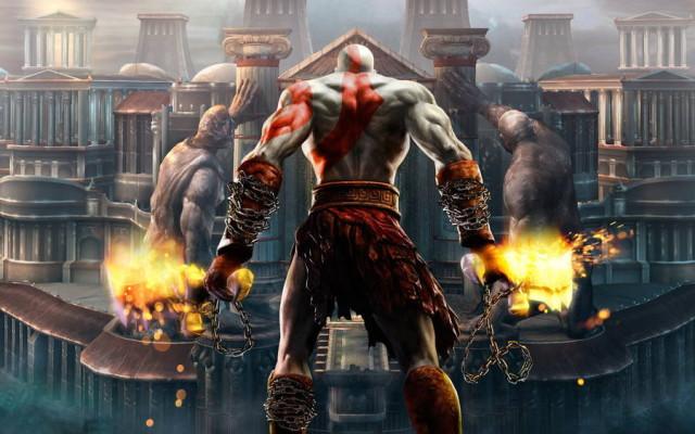 Kratos standing with burning blades.