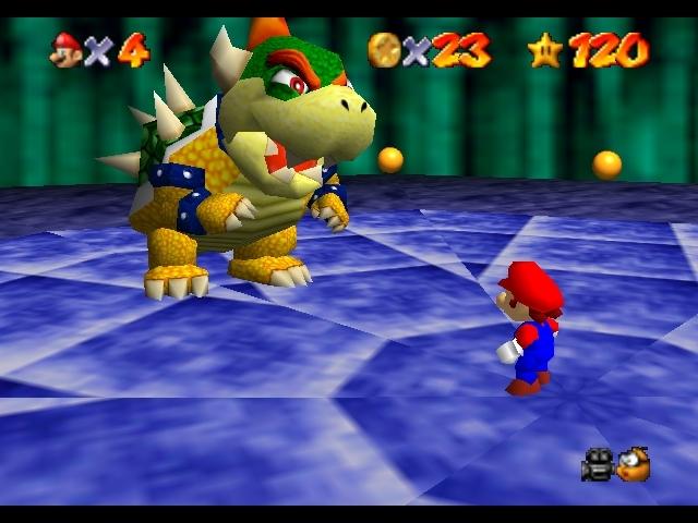 Mario and Bowser about to fight on a blue circle.