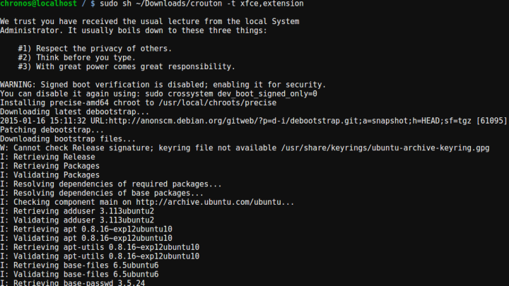 O shell do Linux com o comando run crouton digitado