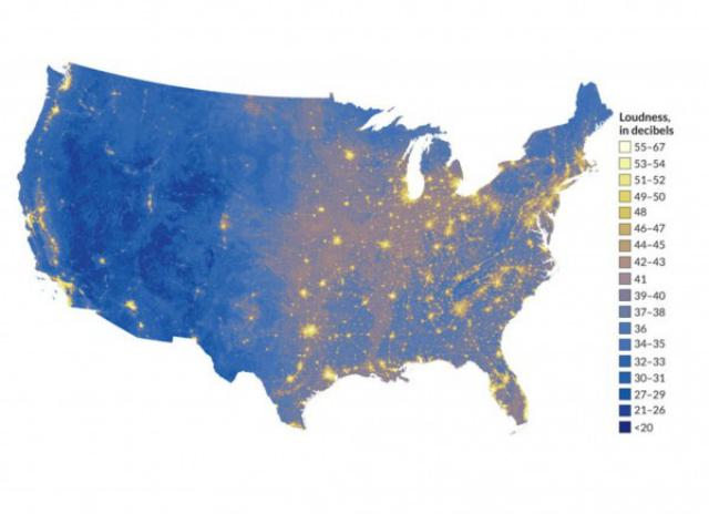 a map shows the loudest and quietest parts of u s noisiest us
