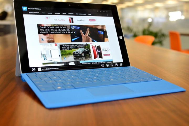 The Microsoft Surface 3 with its blue keyboard.