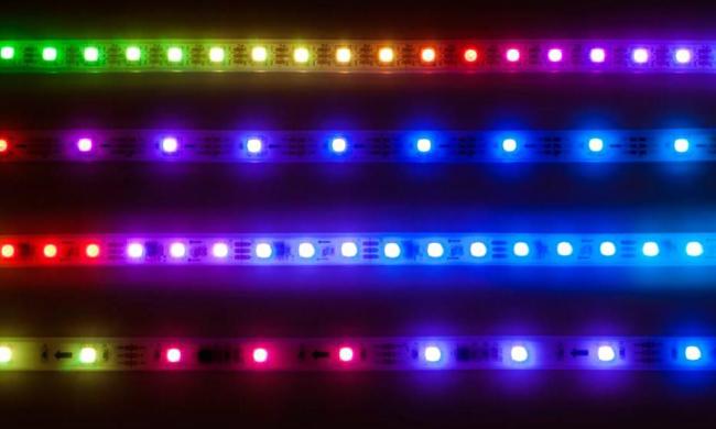A display of LED light strips.