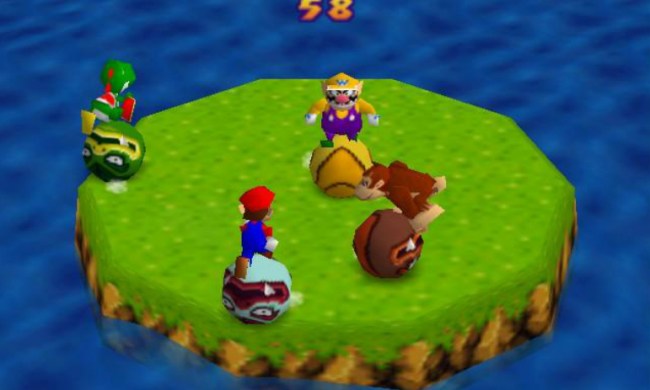 Mario, Yoshi, Wario, and DK playing bumper balls.