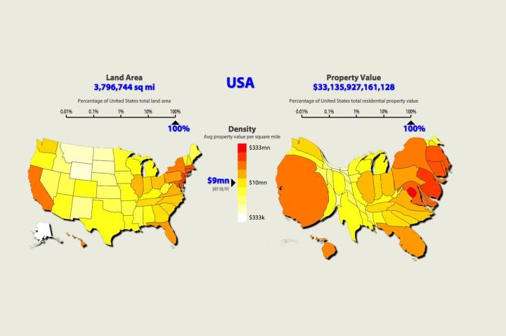 the u s mapped by property value not land area us map