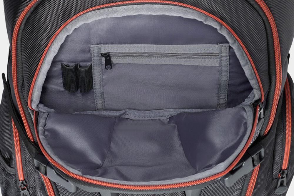 Close up view of the inside of an Asus ROG Nomad V2 backpack, showing an inner zippered pocket.