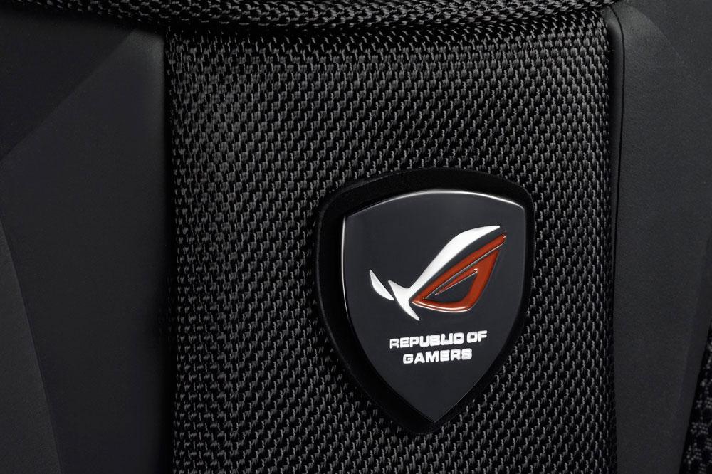 Close up view of a Republic of Gamers logo on an Asus ROG Nomad V2 backpack.