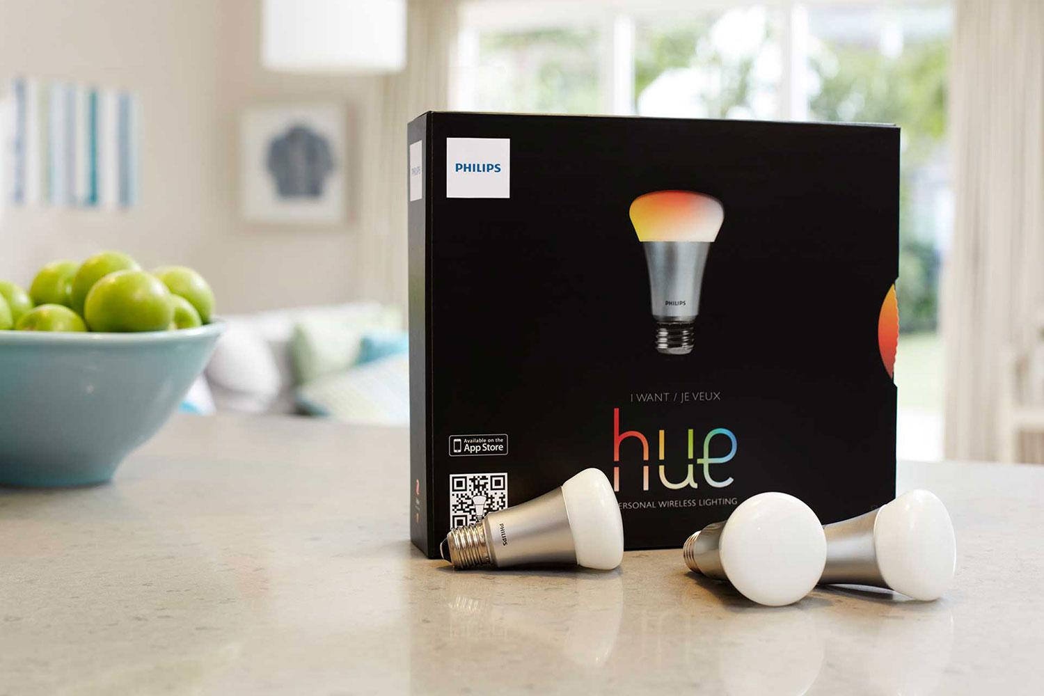 Philips Hue starter pack on kitchen counter.