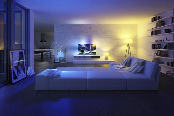 Philips Hue lights lighting up living room.