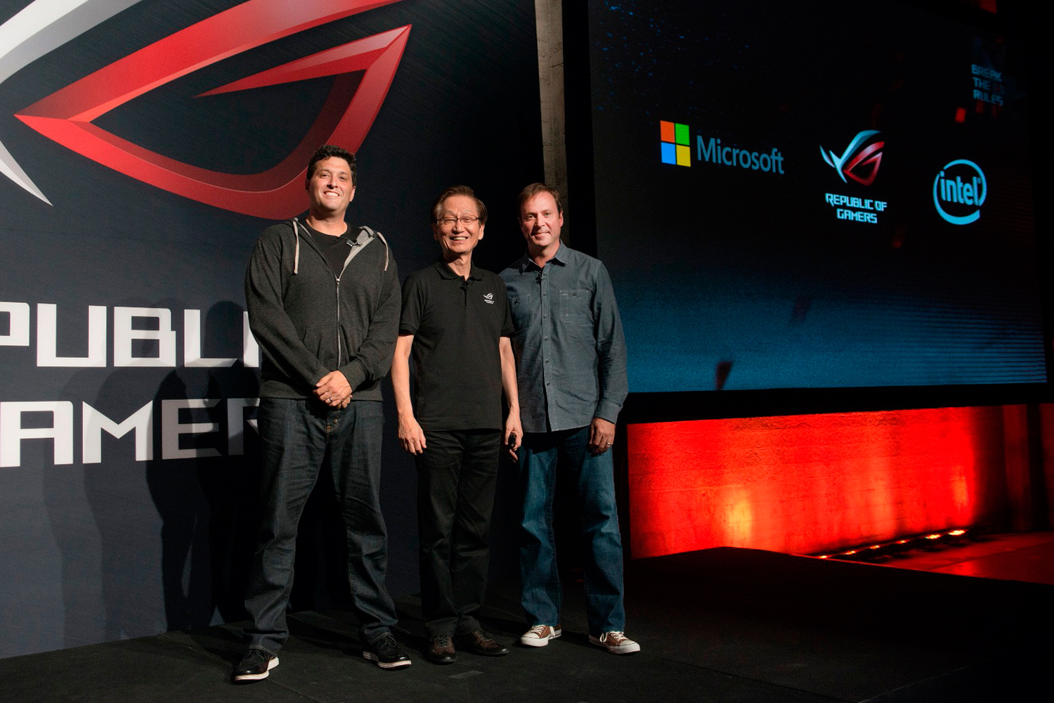 asus republic of gamers unleashed chairman jonney shih is joined on stage by microsoft executive vp terry myerson