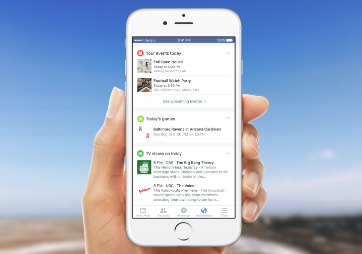 facebook cards replace notifications fb tab events