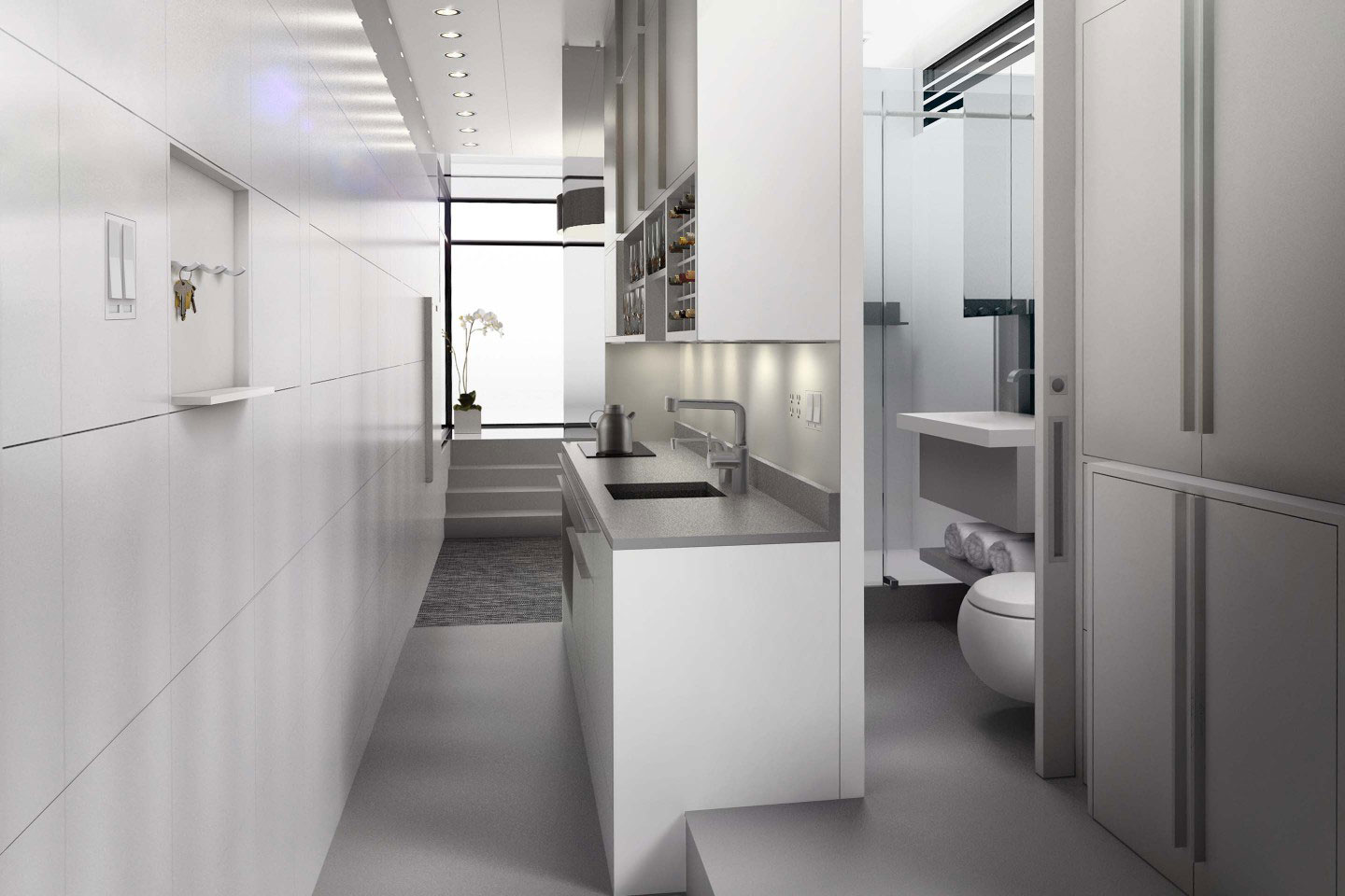 kasita is a tiny apartment that moves between cities interior kitchen bath laundry 1440x960