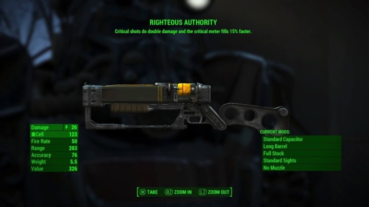 Righteous Authority weapon description from Fallout 4. 