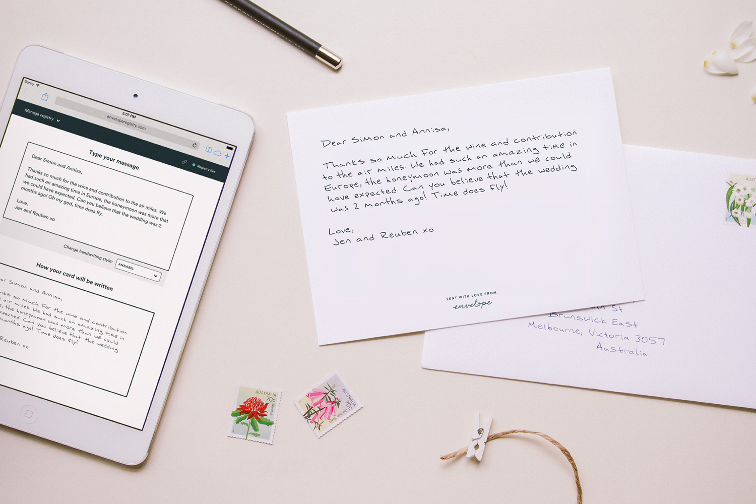 envelope uses robots to write thank you notes for your wedding landscape interface