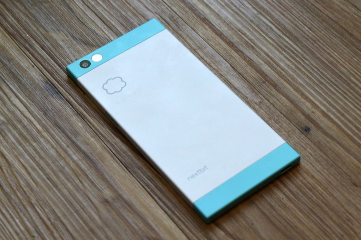 The Nextbit Robin smartphone lying face-down on a table.