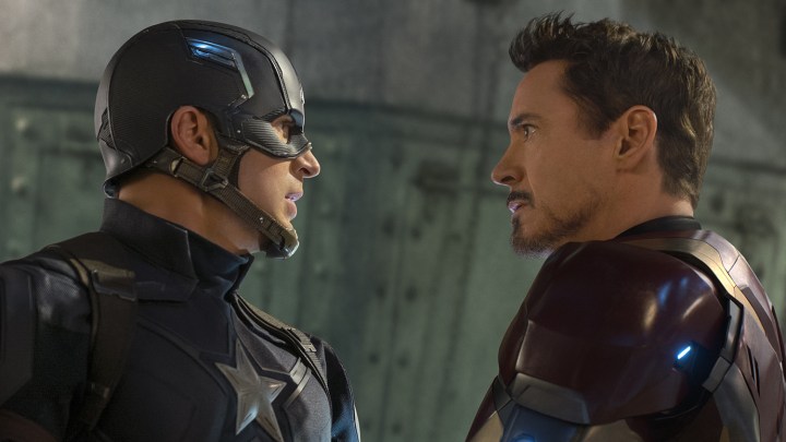 Cap and Tony face each other in Captain America: Civil War.