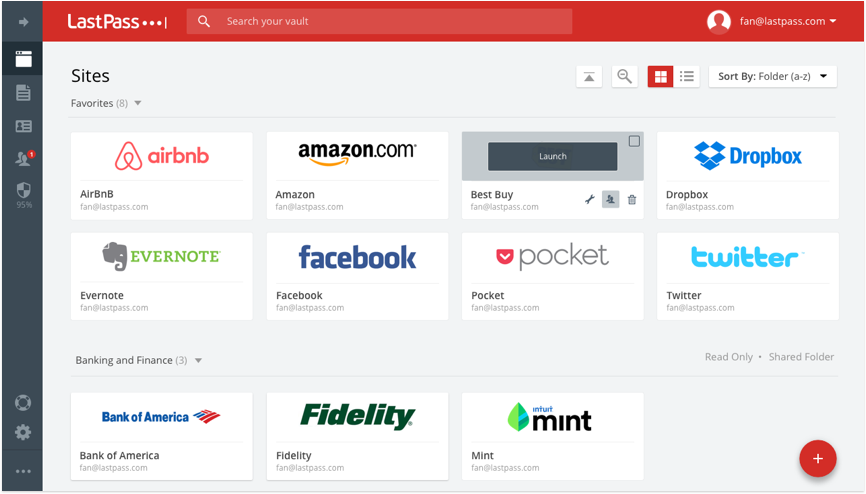 Captura de pantalla de la aplicación LastPass que muestra varias cuentas en línea protegidas con contraseña.  Las cuentas parecen estar organizadas por categorías como "Favoritos" y "Bancos y finanzas."